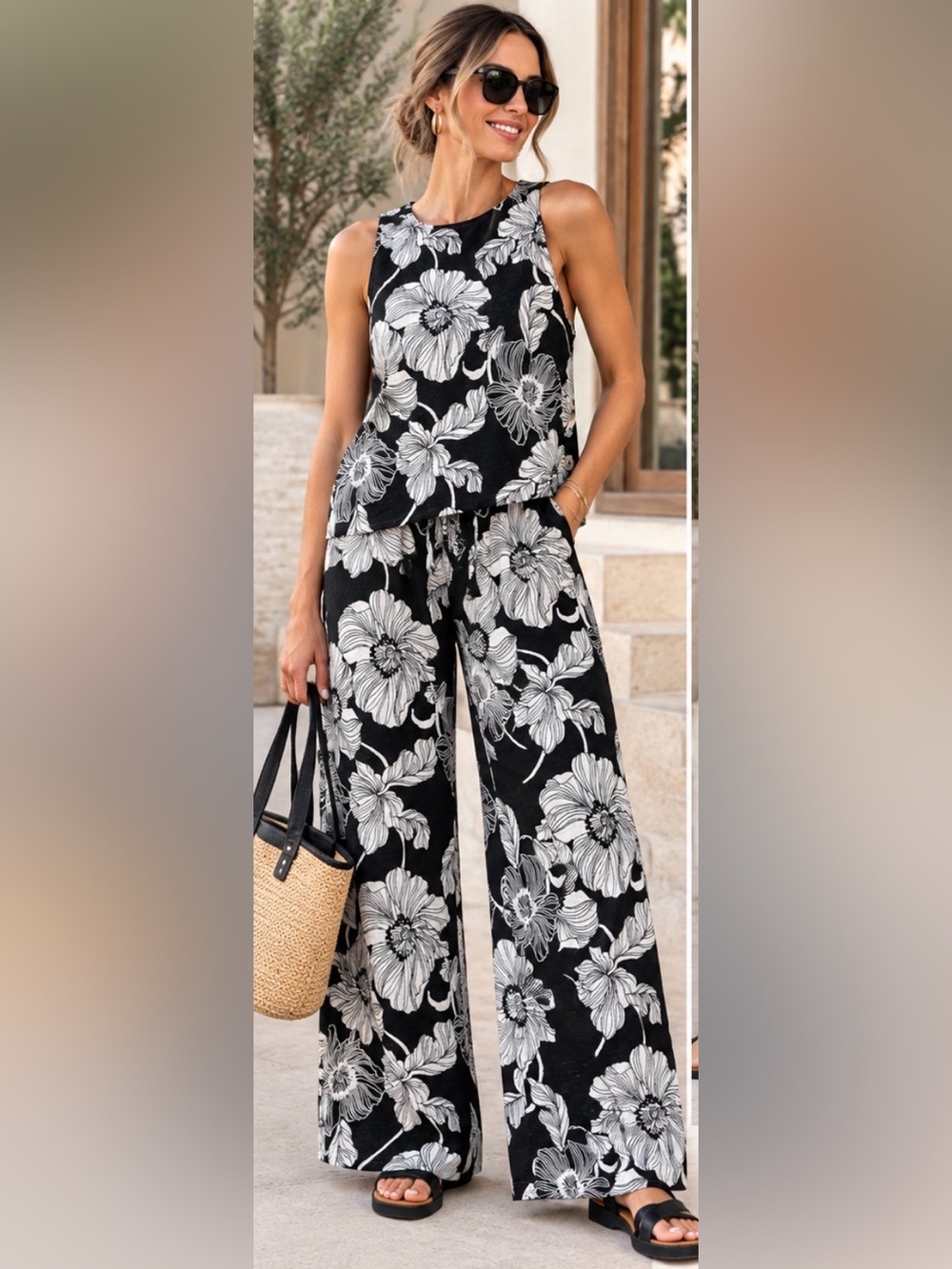 Cynthia Rowley Black & White Floral Linen Blend 2 Piece Set Size S NWT